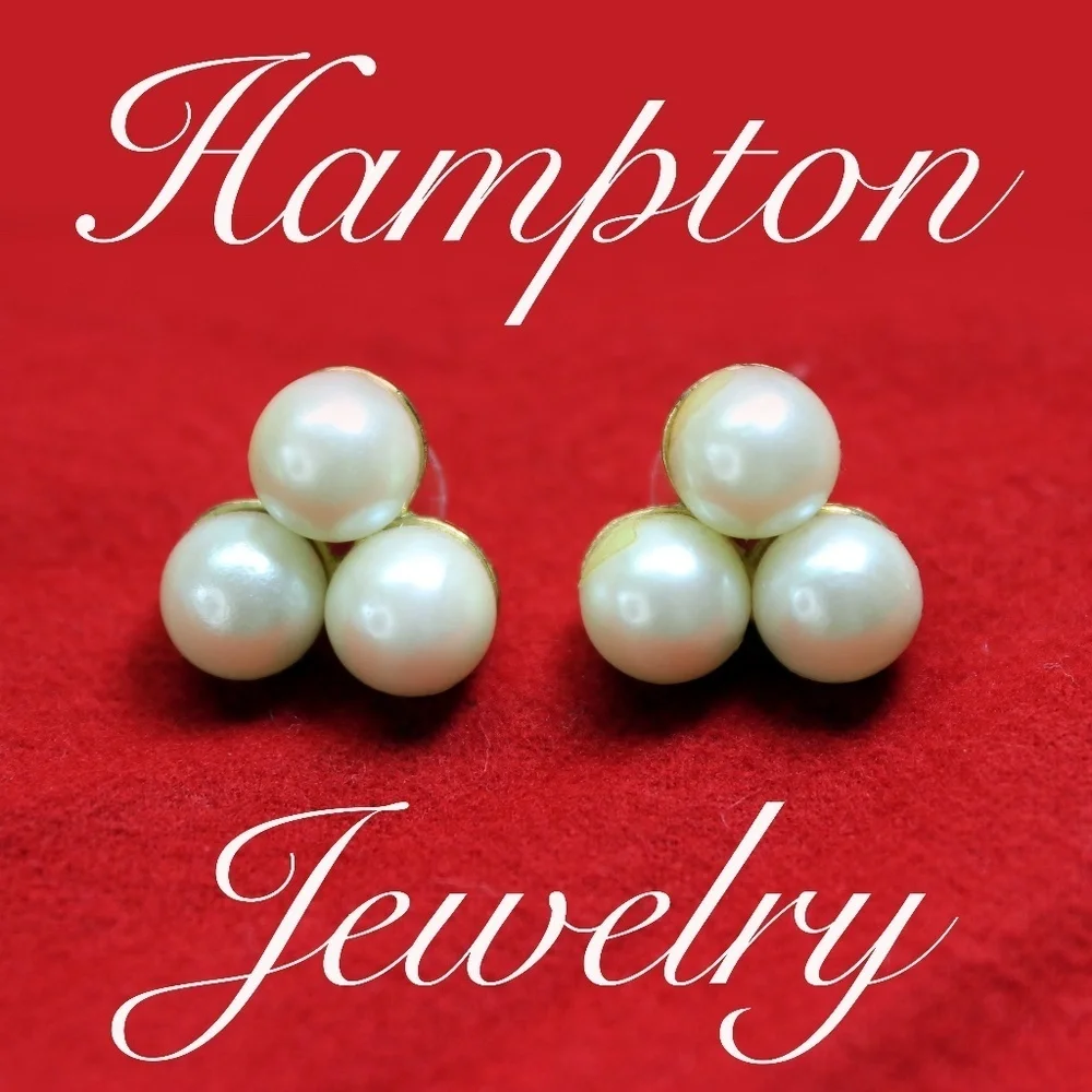 Pearl Earrings ~ Elegant Pierced Vintage Triple 8mm Cream Pearls in Gold Setting